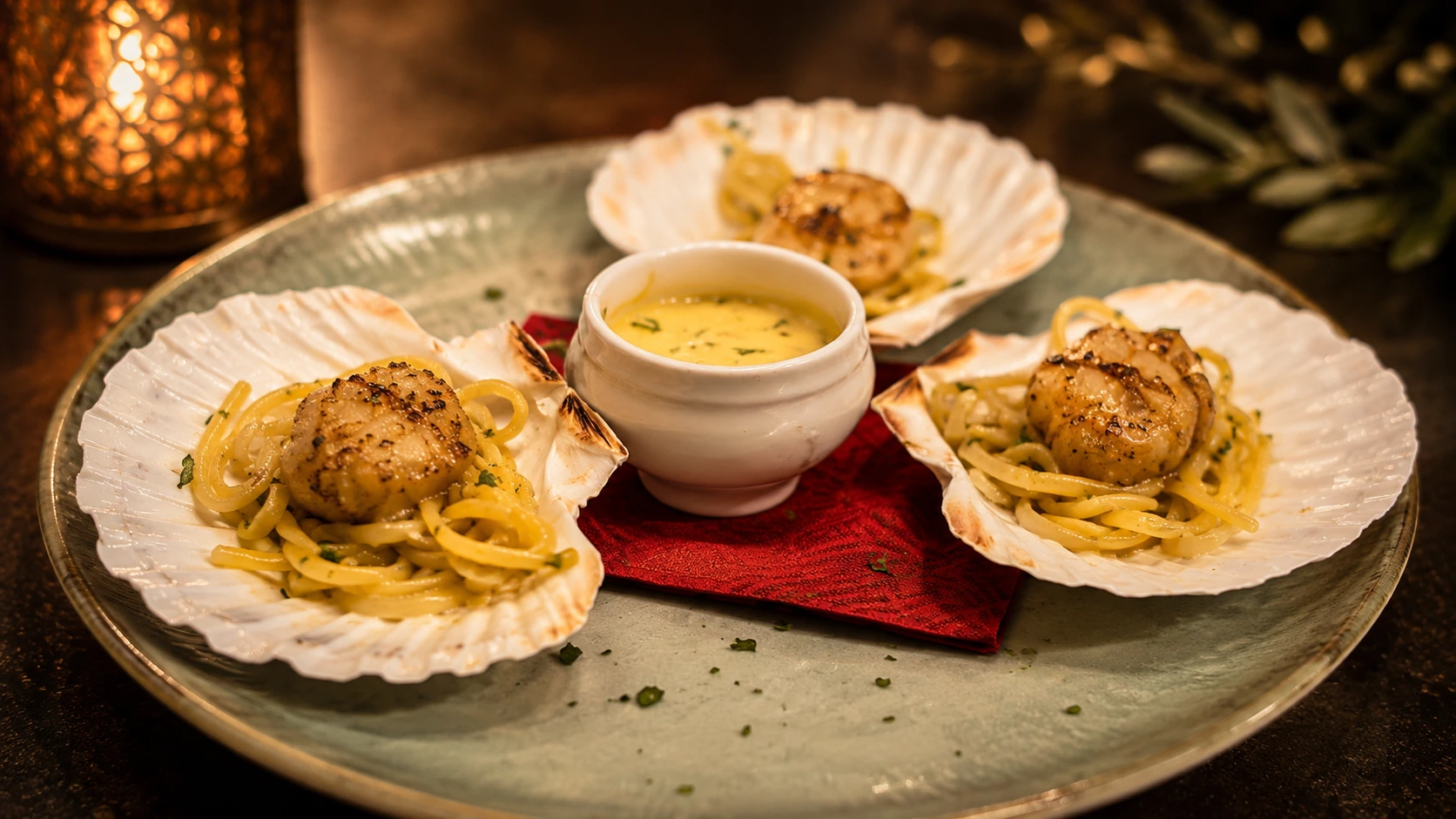 Pasta met gebakken coquilles